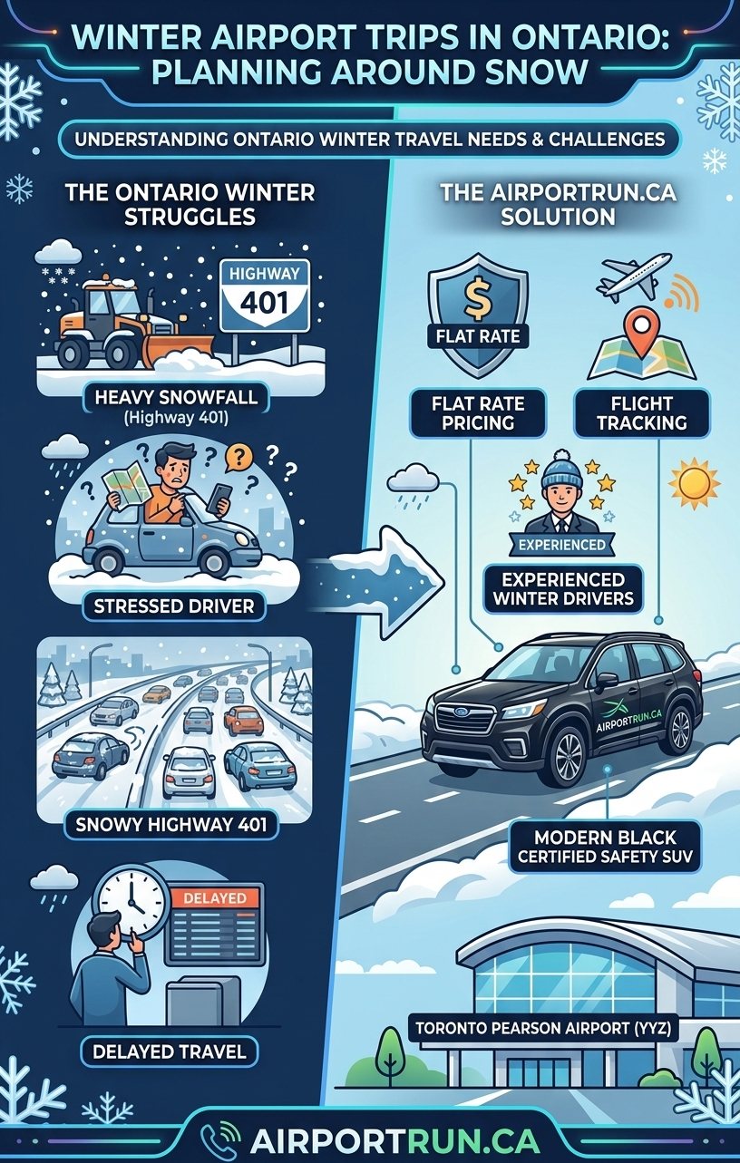 A safety SUV driving smoothly toward Pearson Airport during an Ontario winter, illustrating flat-rate, stress-free winter travel with Airport Run.