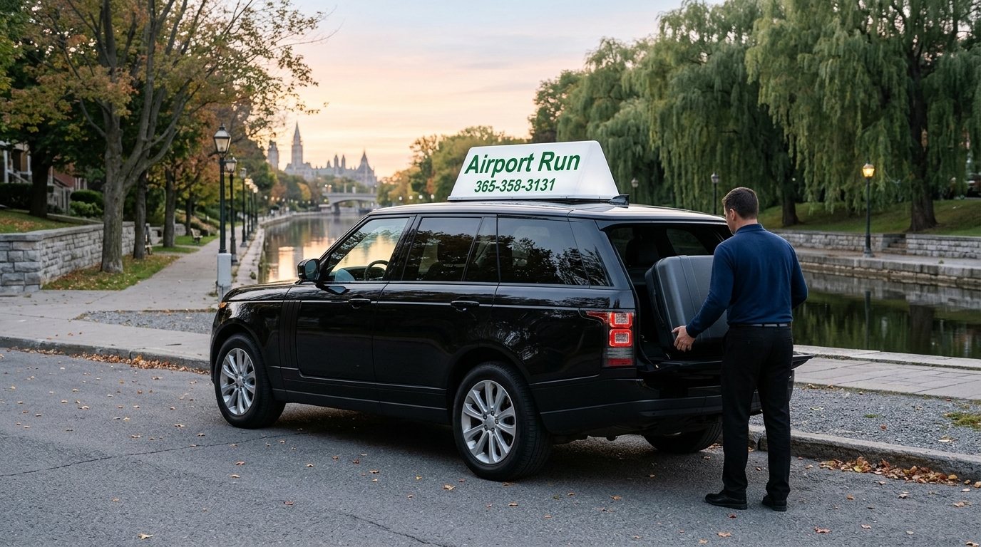 Black SUV on a quiet Ottawa street near the Rideau Canal at sunrise, ready for a private ride to Toronto Pearson