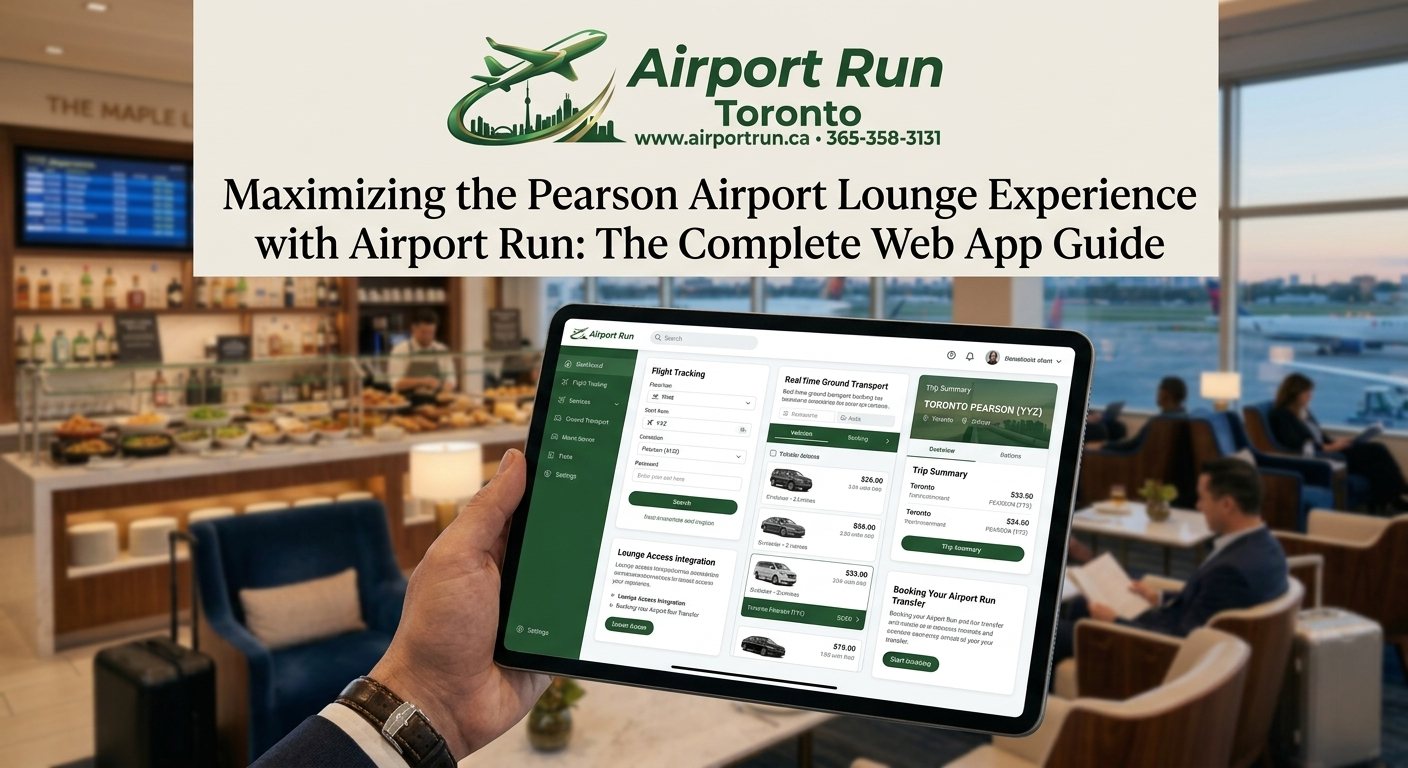 A promotional hero image for Airport Run Toronto highlighting how to use their web app while relaxing in a Pearson Airport lounge. The image showcases the booki