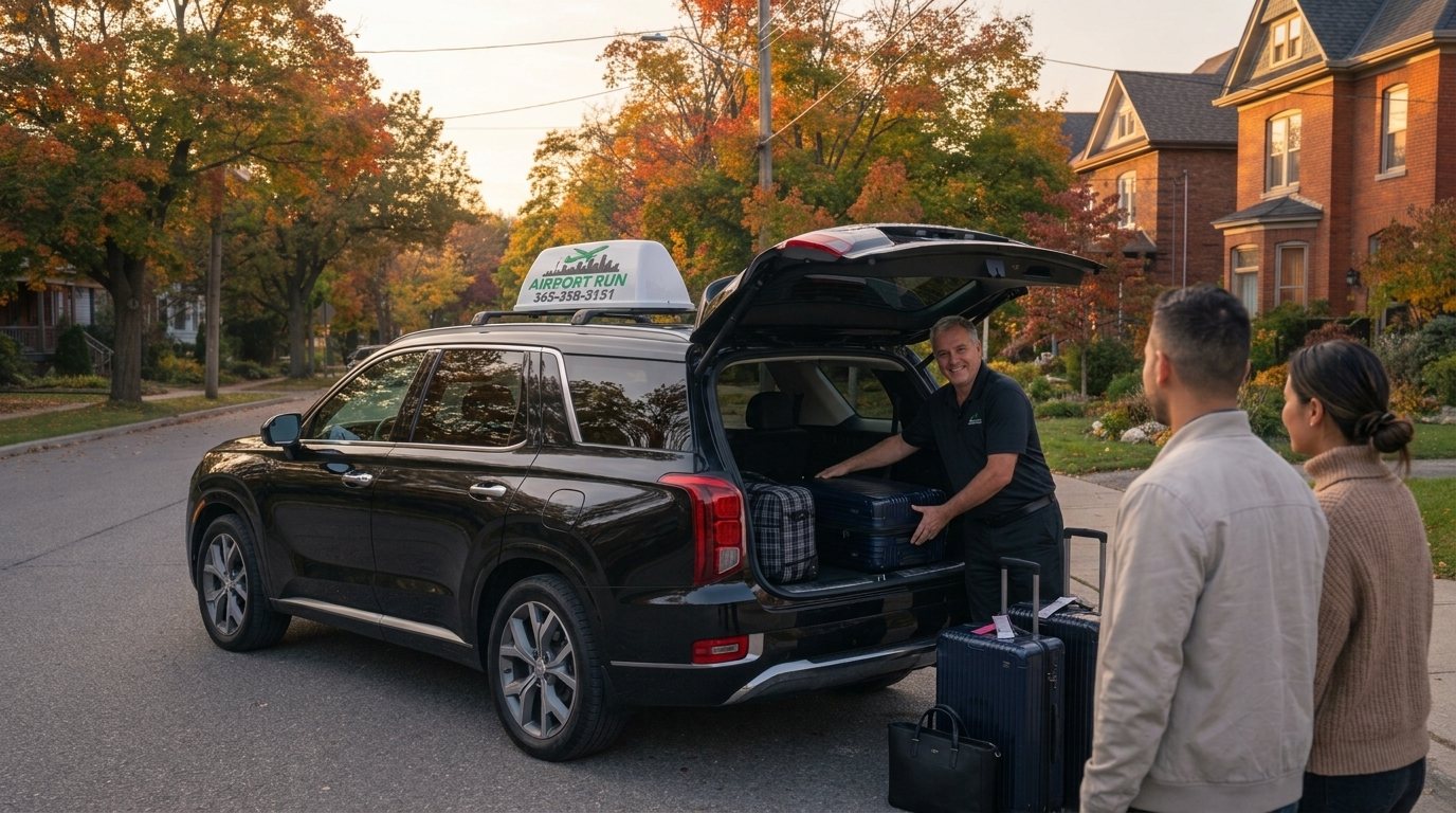 Black SUV outside a family home in Oshawa in early morning light as a couple brings out suitcases for an airport ride
