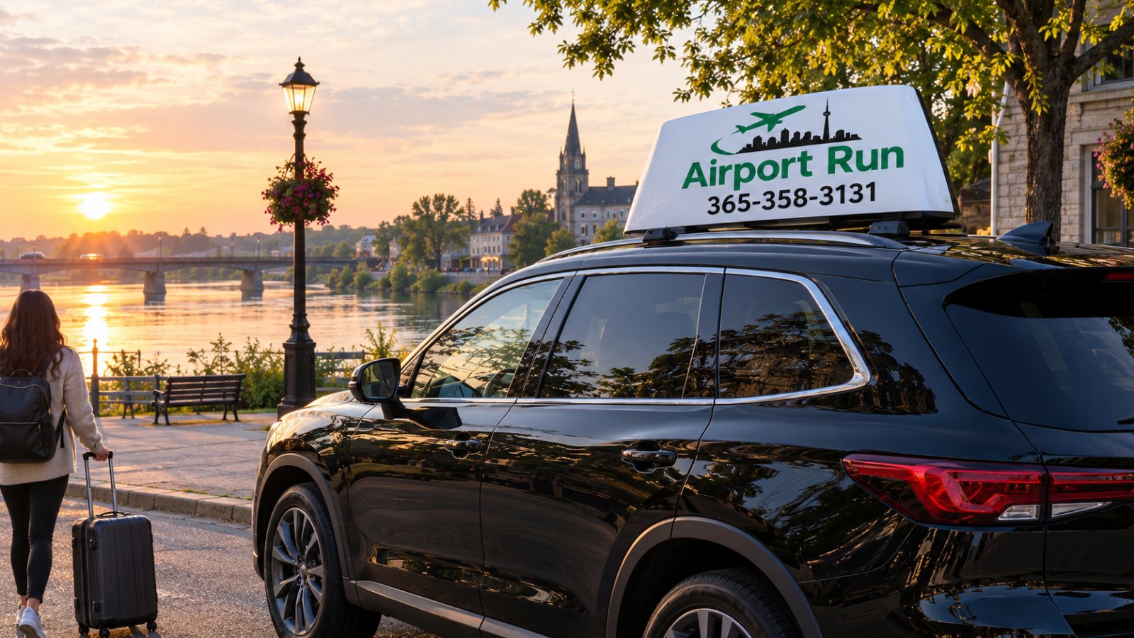 Black SUV on a quiet street in Napanee by the river at dawn, a traveller with luggage ready for an airport ride