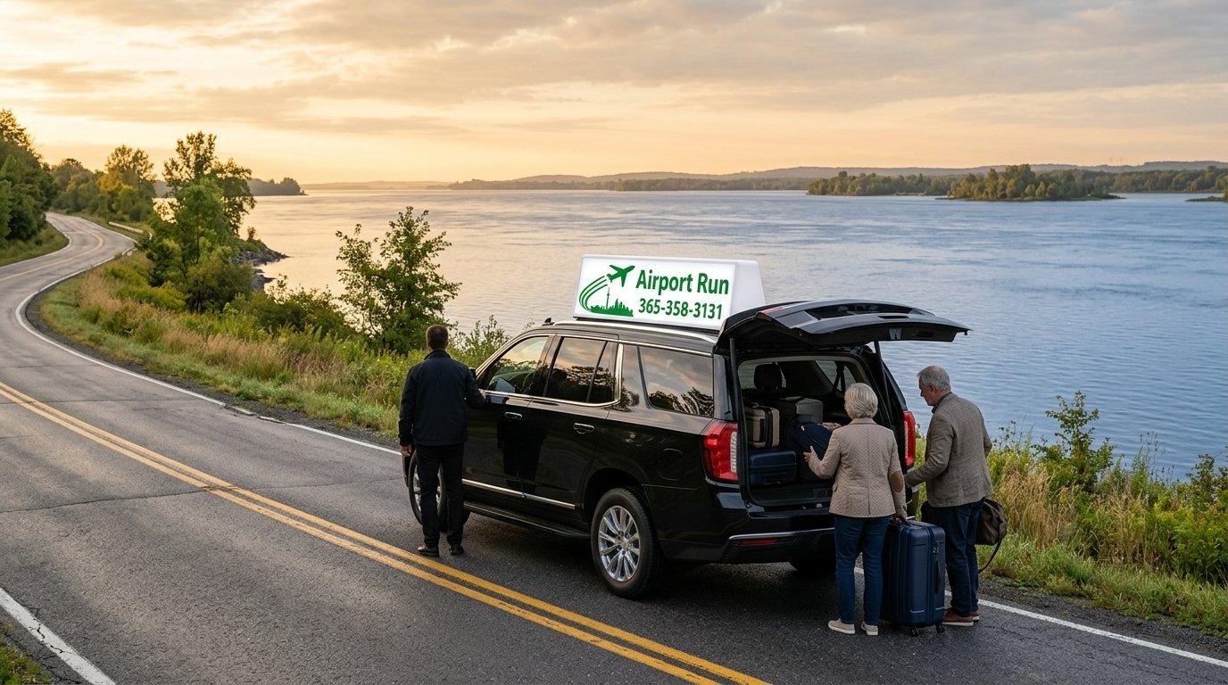 Black SUV on a road beside the St. Lawrence River near Cornwall in early morning light, luggage loaded for Pearson