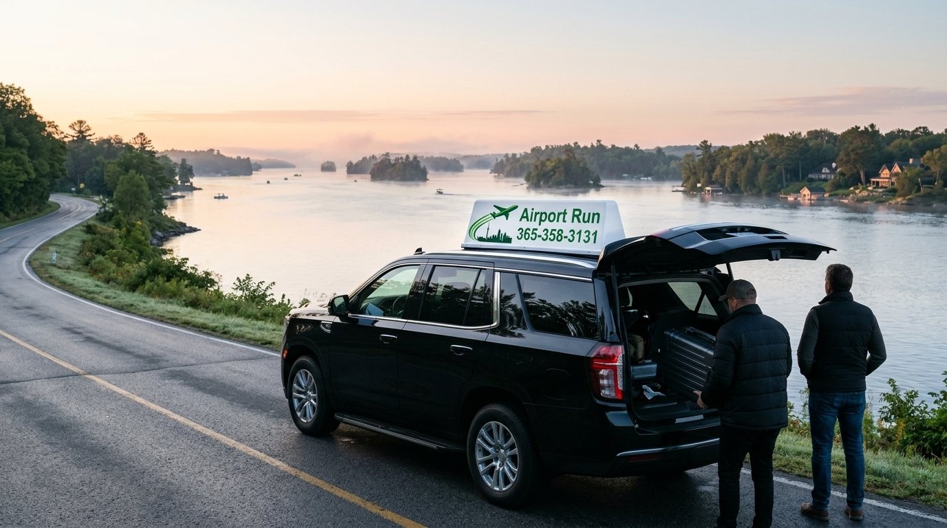 Black SUV on a riverside road along the St. Lawrence in the Thousand Islands at dawn, ready for a ride to Pearson