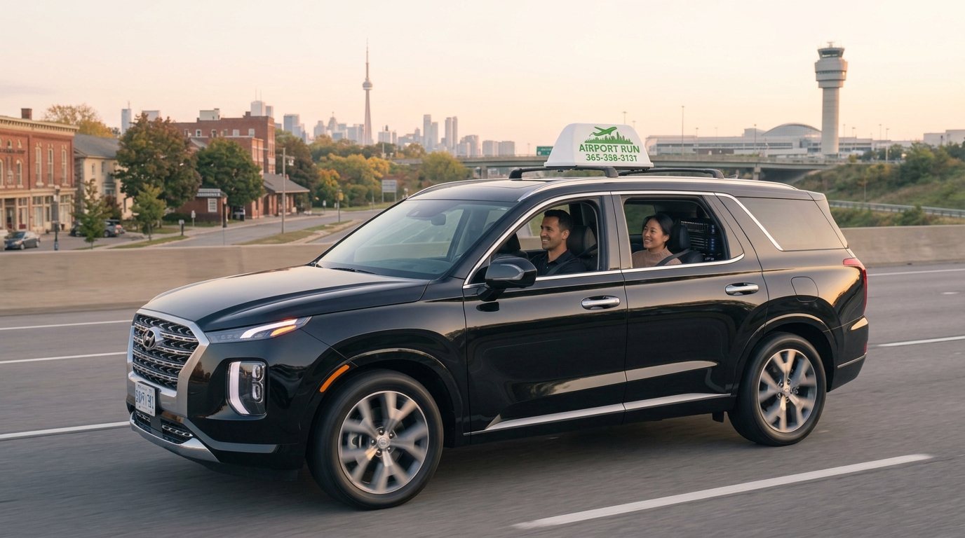 Black SUV on Bowmanville's historic brick main street at sunrise, ready for a private ride to Pearson or Billy Bishop