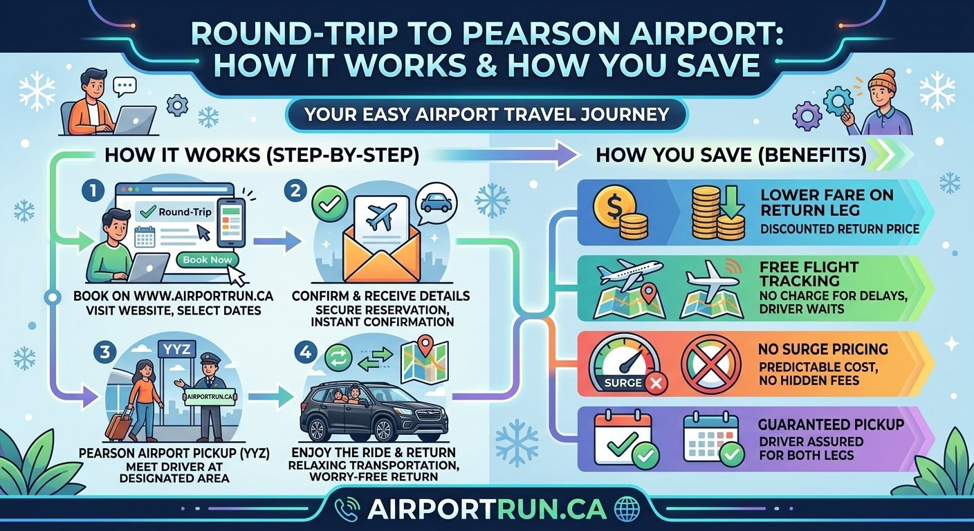 An infographic illustrating how round-trip bookings to Pearson Airport work with Airport Run. The left side outlines four simple steps: booking online at airpor