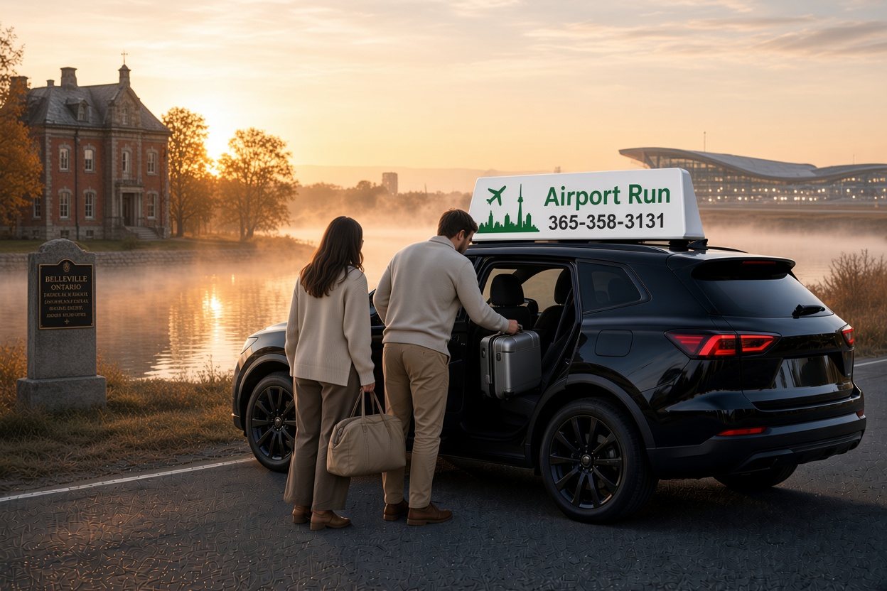 Black SUV on a waterfront road by the Bay of Quinte at sunrise, ready for a long-distance ride to Toronto Pearson