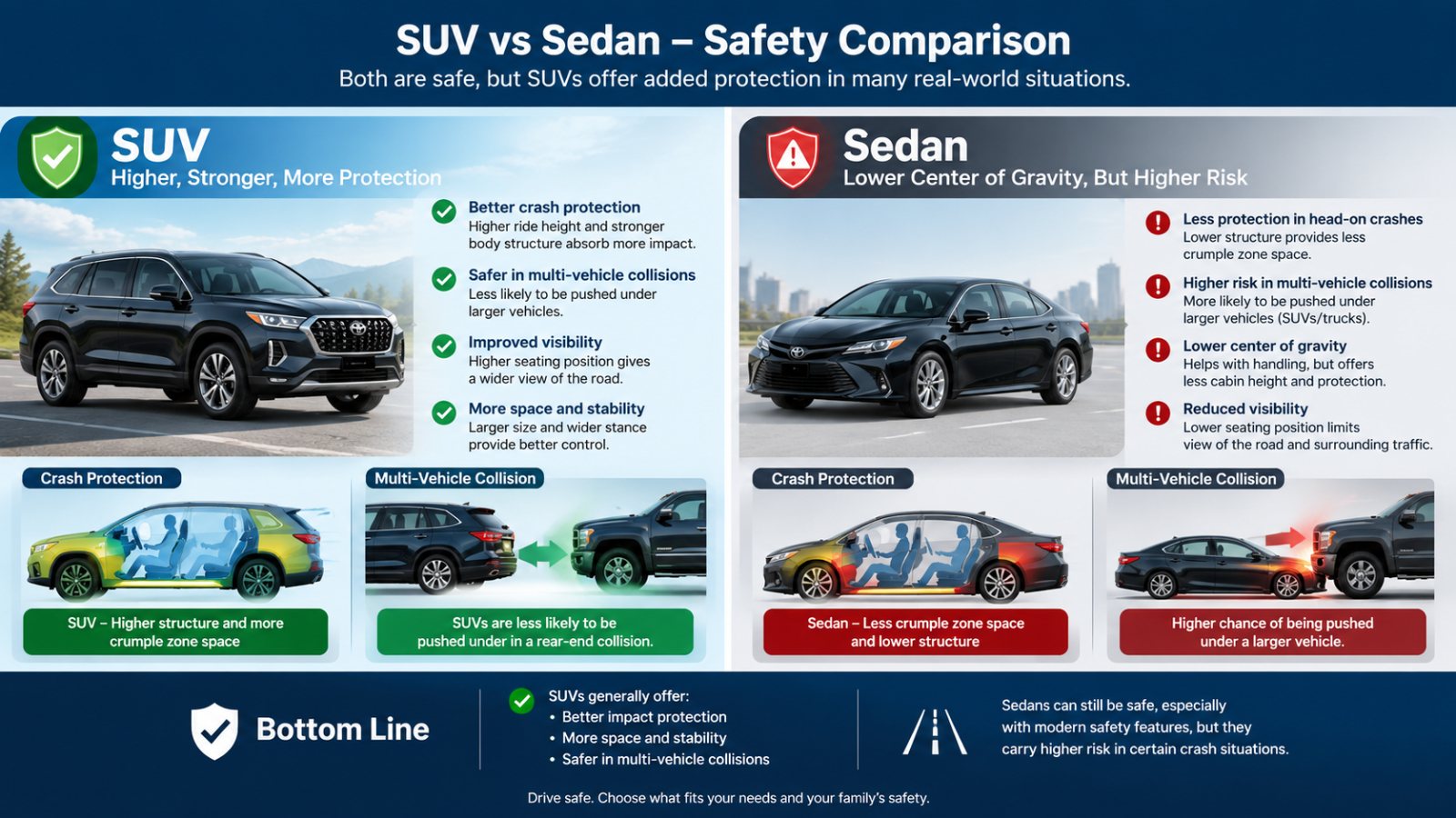 Two infographics comparing a generic silver sedan and a dark SUV in crash scenarios. The top diagram shows a frontal crash with massive cabin intrusion for the