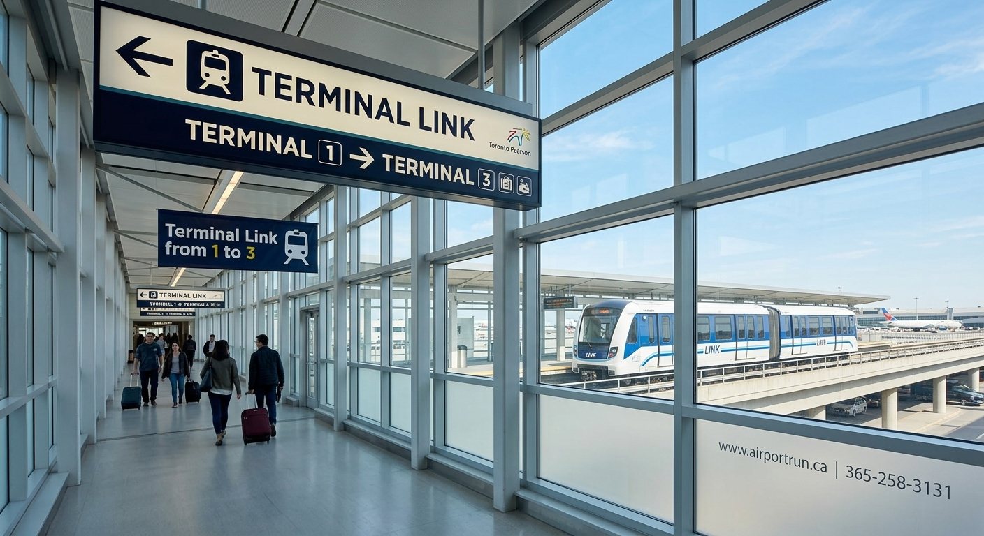 Sleek, modern blue and silver Terminal Link train arriving at an elevated airport platform at Toronto Pearson International Airport with clear terminal directio