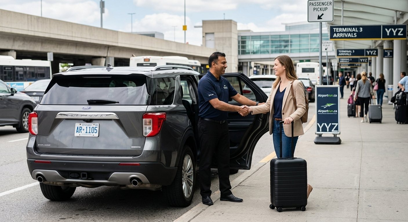 An Airportrun.ca driver warmly greeting a traveler near a modern SUV, holding open a door and assisting with luggage during a smooth airport transfer. Un conduc