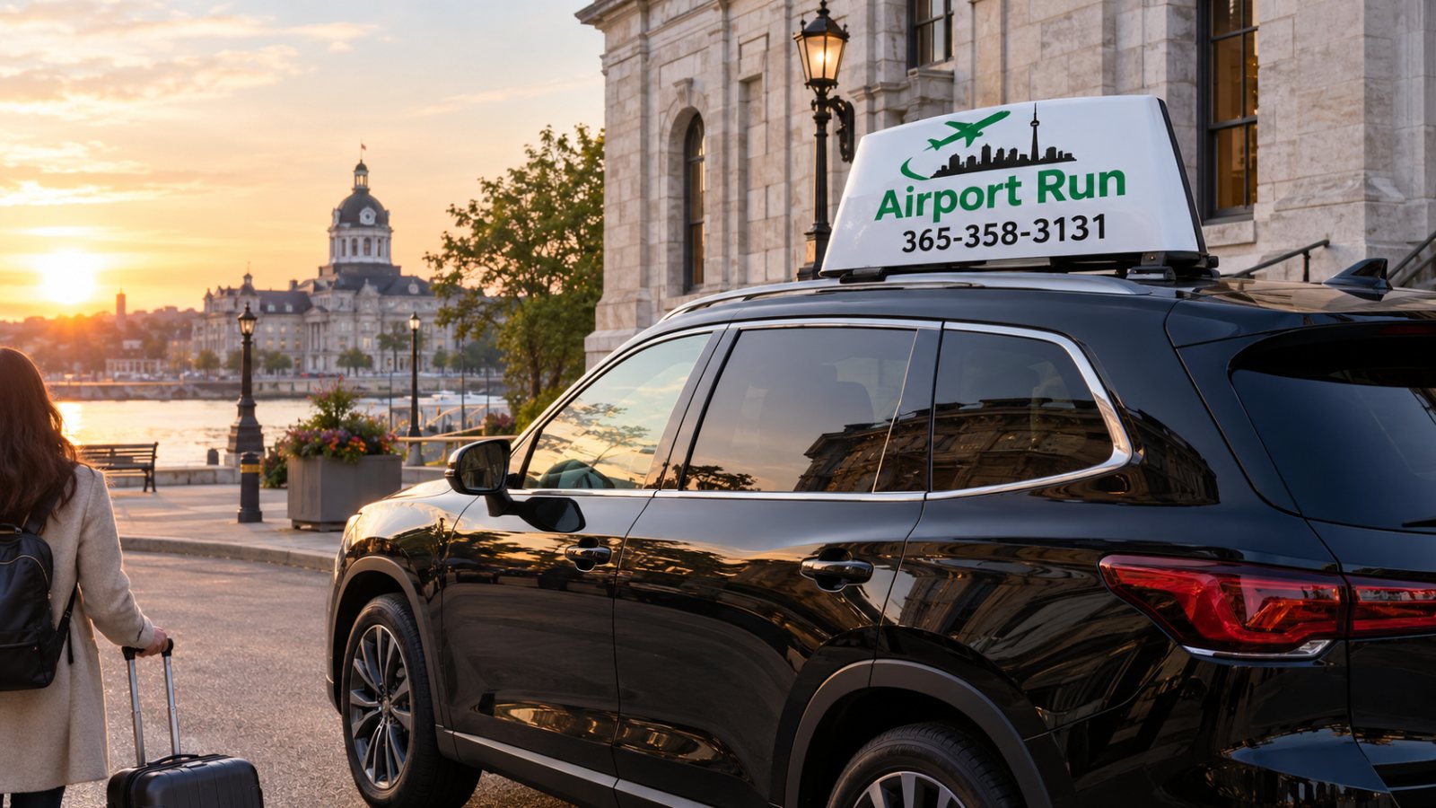 Black SUV outside a limestone building in downtown Kingston at sunrise before a long-distance ride to Toronto Pearson