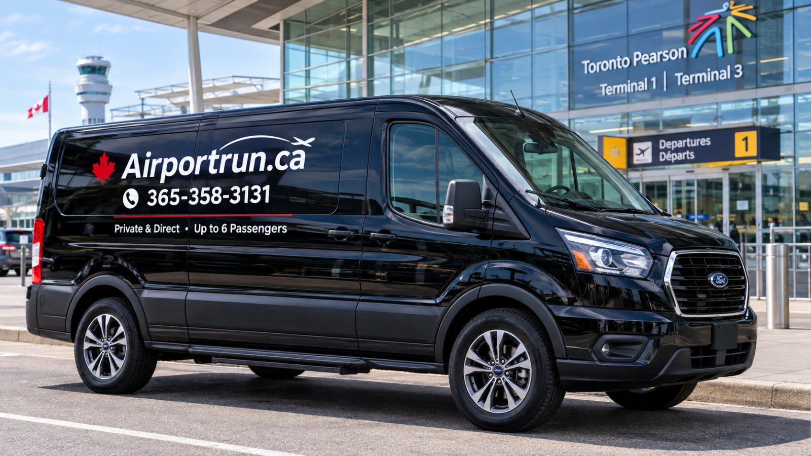 A spacious airport shuttle vehicle parked at Toronto Pearson International Airport terminal.
