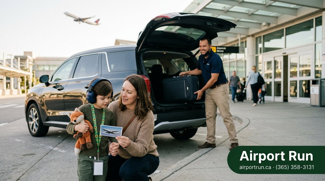 Parent kneels beside a calm child in noise-cancelling headphones and a sunflower lanyard at the airport curb, next to an Airport Run SUV.