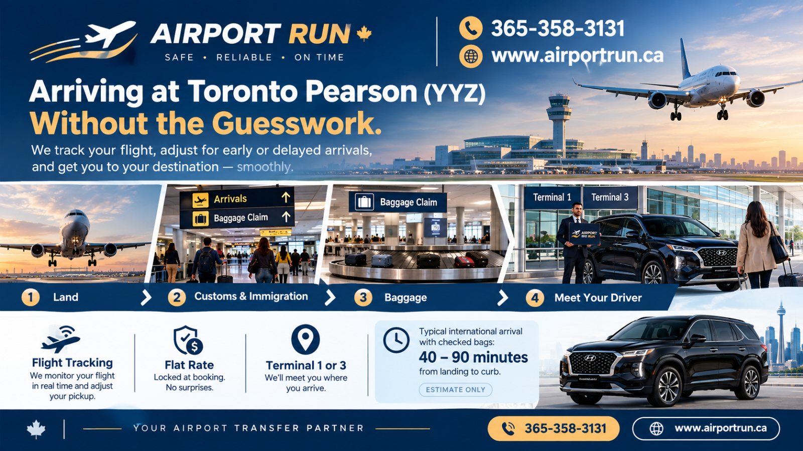 Airport Run infographic explaining the Pearson arrival process, including customs, baggage claim, terminals, flight tracking, and meeting your driver.
