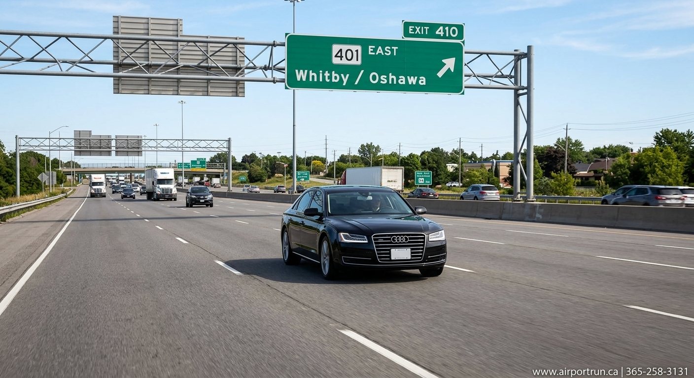 A professional airport transfer vehicle driving along Highway 401 East toward Whitby, with crisp overhead highway signs and contact branding for airportrun.ca d