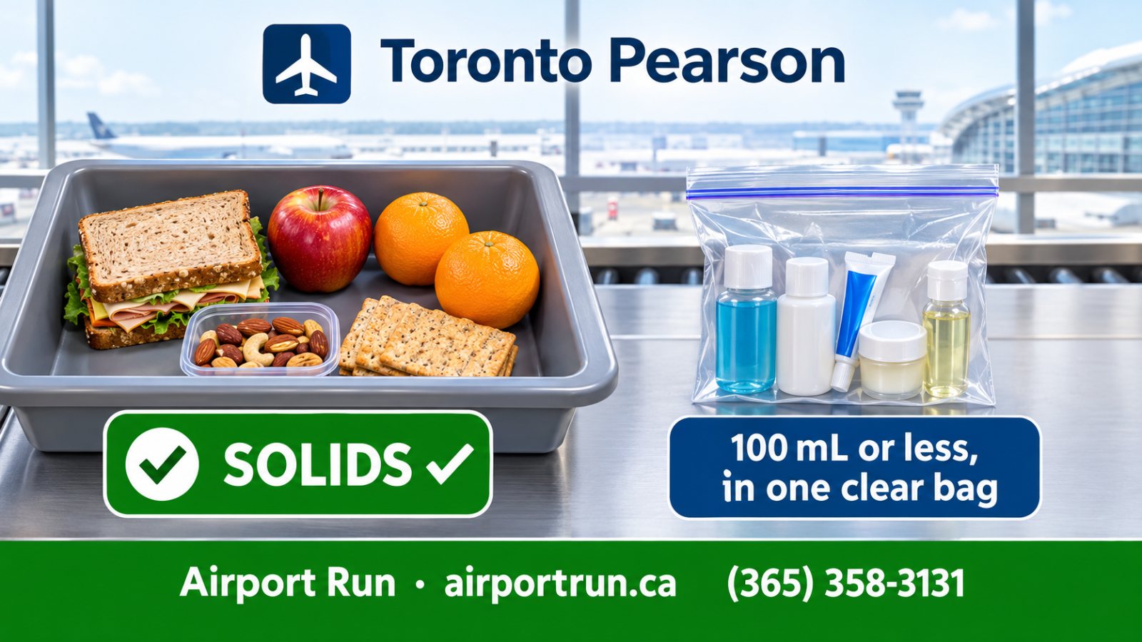 Security tray of solid snacks (sandwich, apple, oranges, nuts, crackers) beside a clear bag of small containers, 100 mL or less, with Airport Run contact info