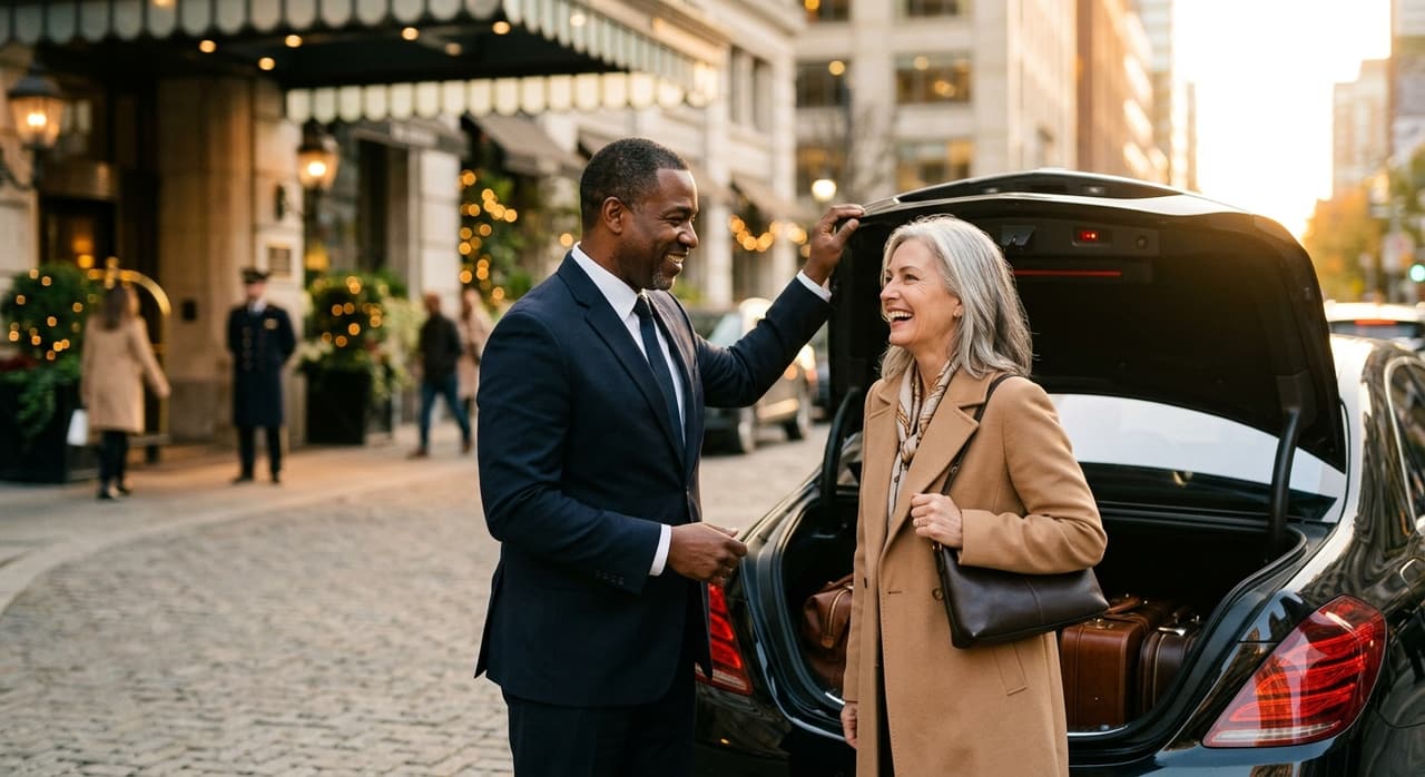 Chauffeur greeting a rider beside the car