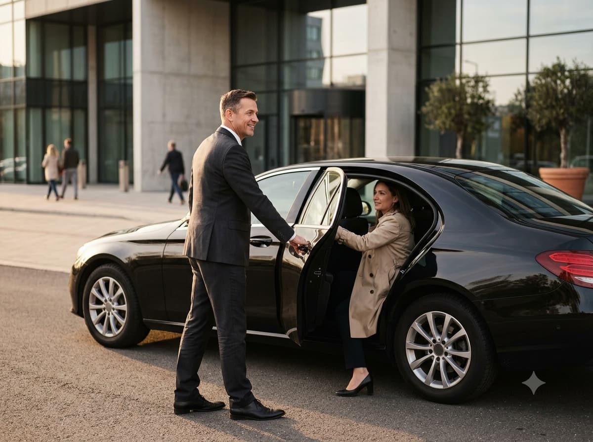 Chauffeur greeting a rider beside the car
