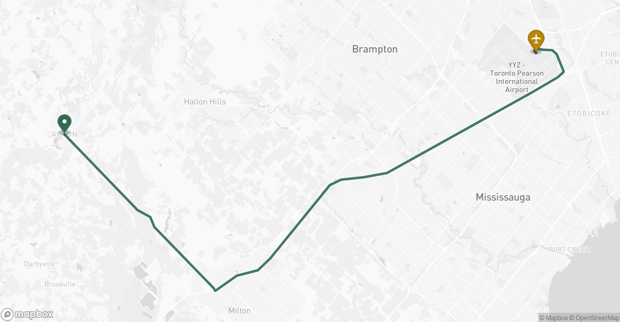 Driving route map from Acton to Toronto Pearson (YYZ) airport