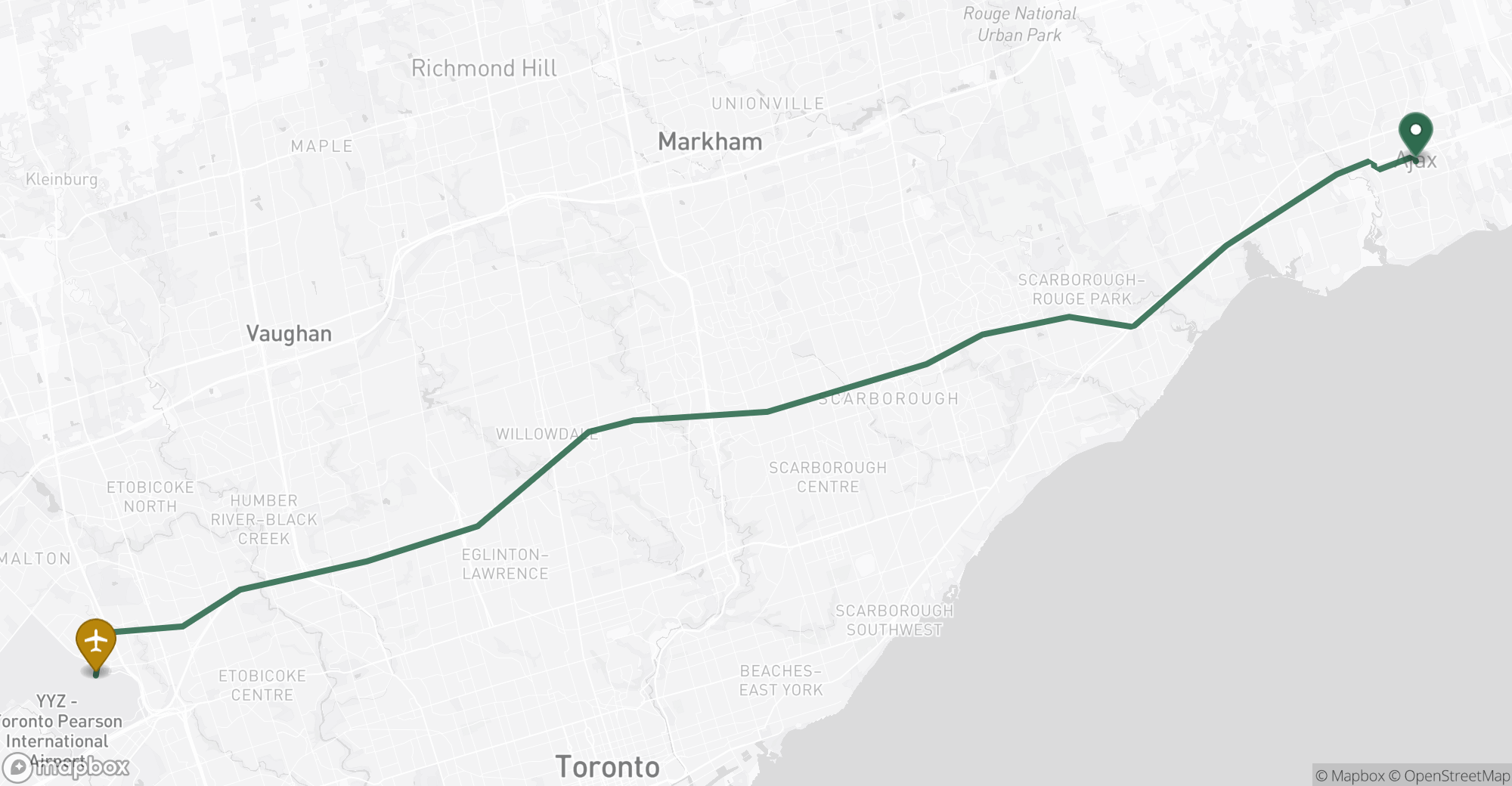 Driving route map from Ajax to Toronto Pearson (YYZ) airport