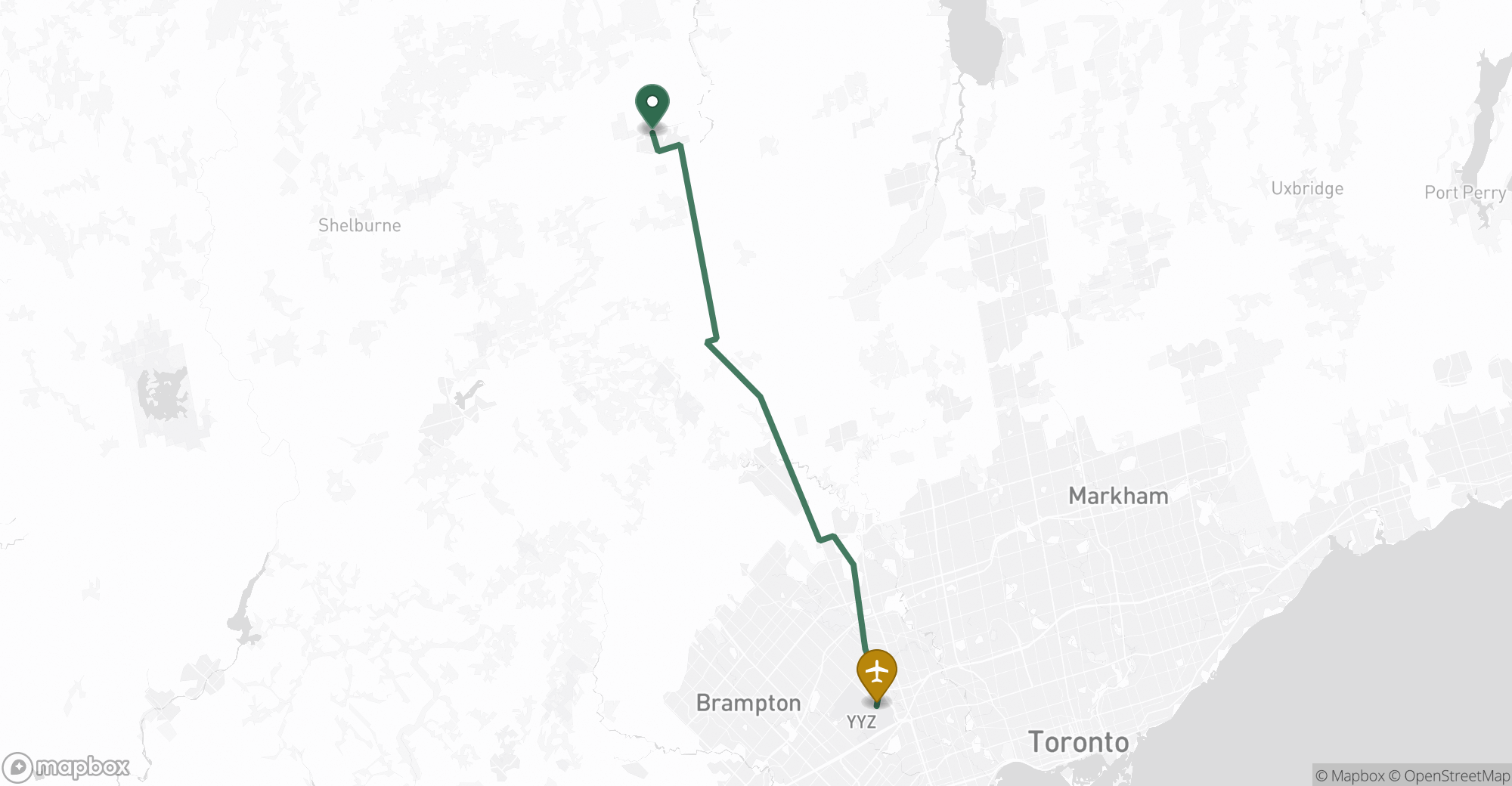 Driving route map from Alliston to Toronto Pearson (YYZ) airport