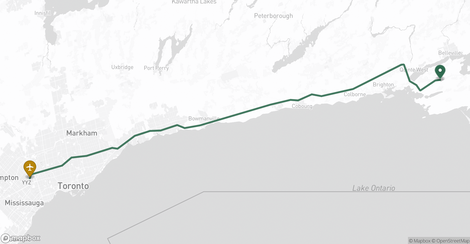 Driving route map from Ameliasburgh to Toronto Pearson (YYZ) airport