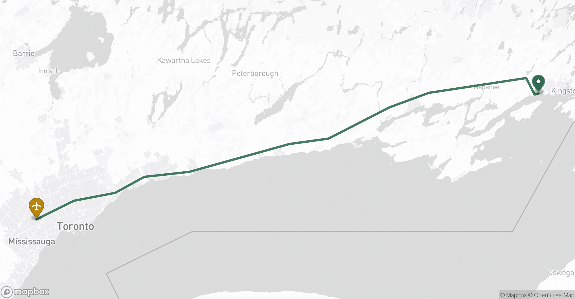 Driving route map from Amherstview to Toronto Pearson (YYZ) airport