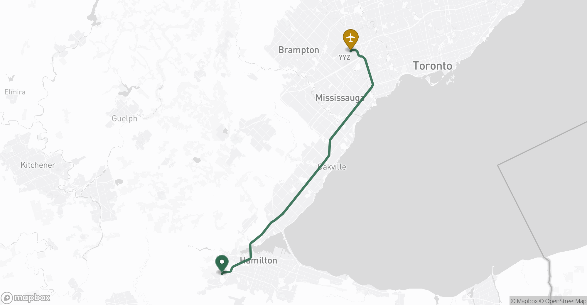 Driving route map from Ancaster to Toronto Pearson (YYZ) airport