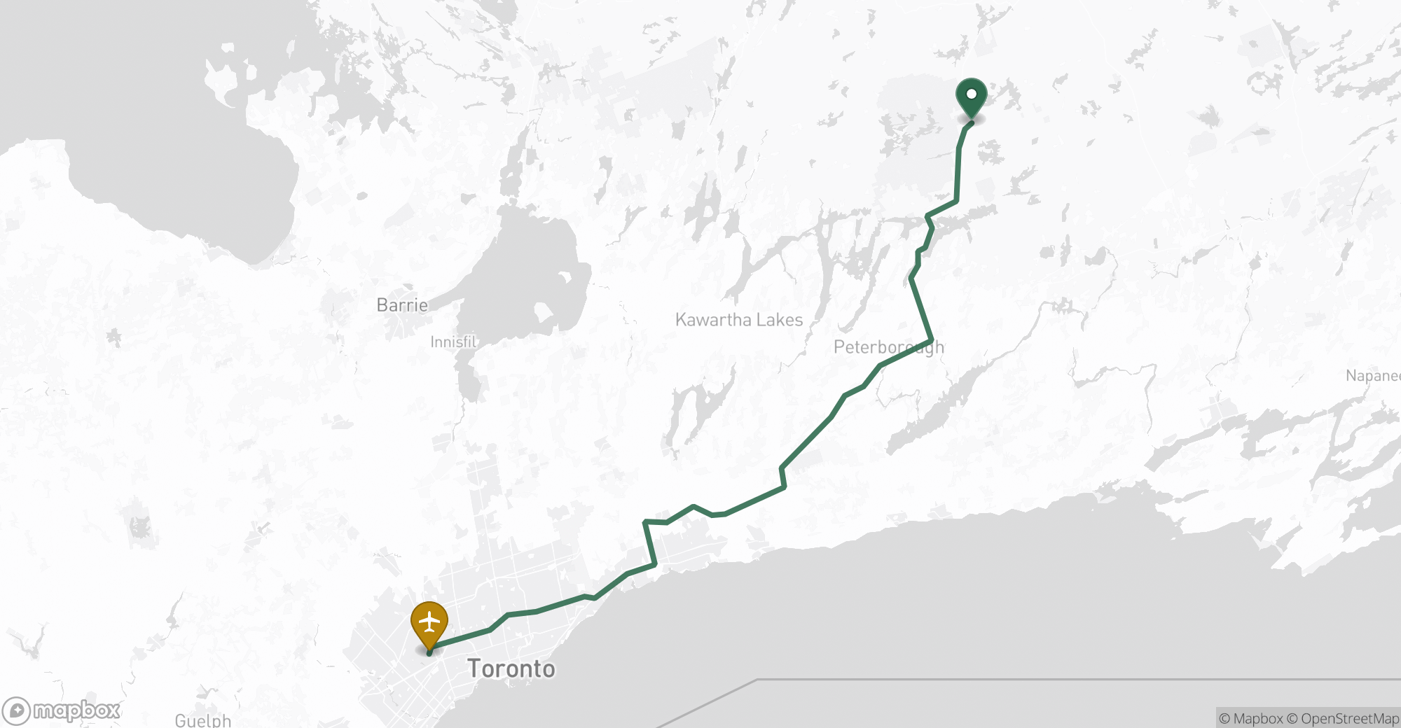 Driving route map from Apsley to Toronto Pearson (YYZ) airport