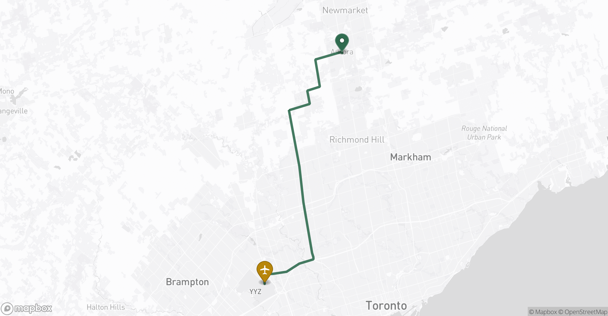 Driving route map from Aurora to Toronto Pearson (YYZ) airport