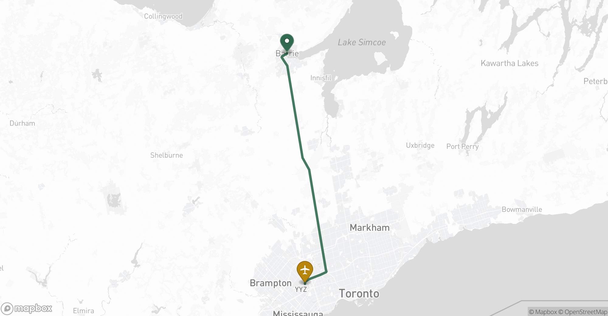 Driving route map from Barrie to Toronto Pearson (YYZ) airport