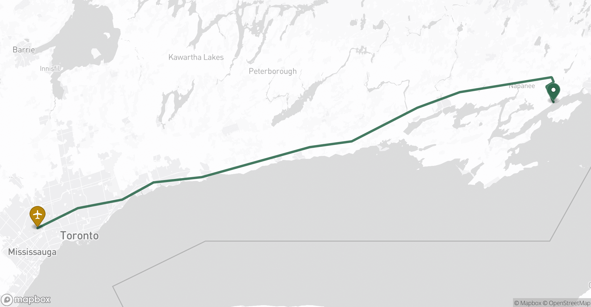 Driving route map from Bath to Toronto Pearson (YYZ) airport