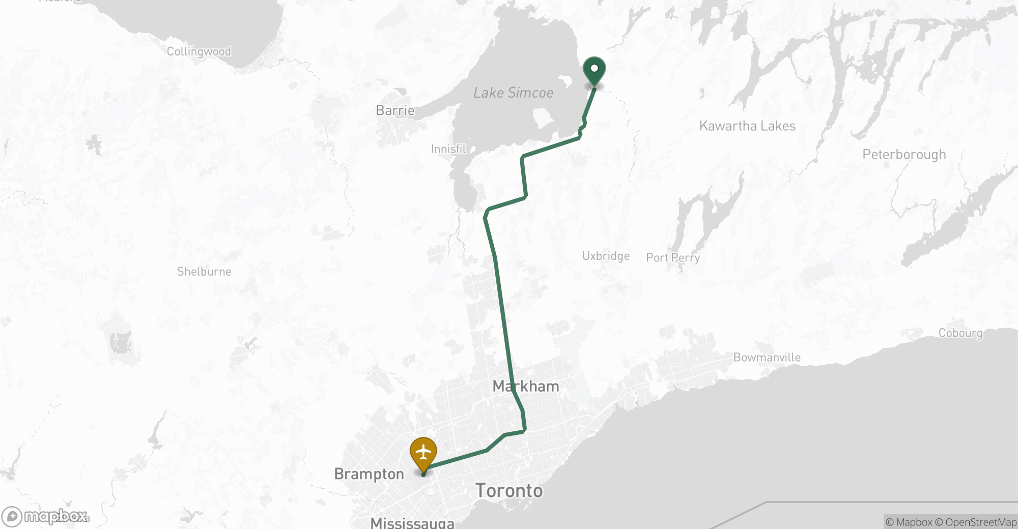 Driving route map from Beaverton to Toronto Pearson (YYZ) airport