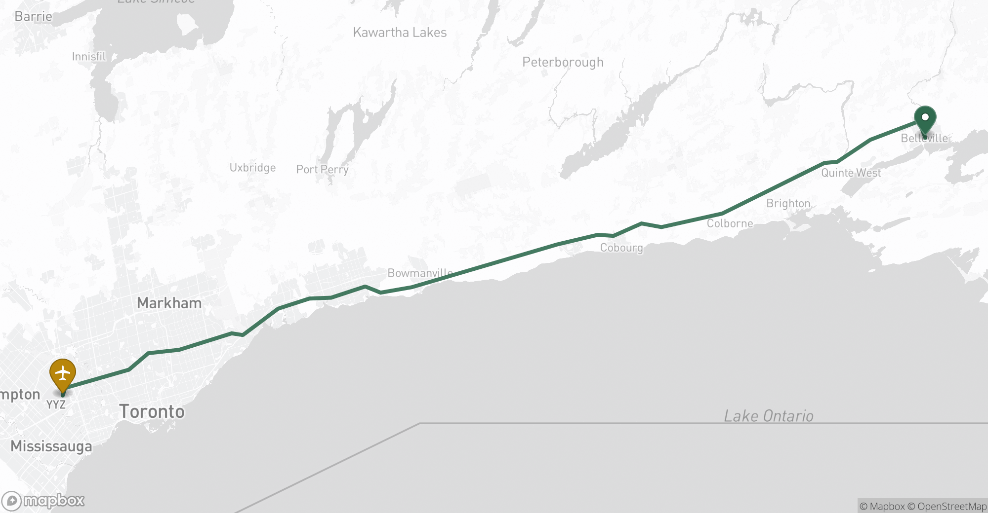 Driving route map from Belleville to Toronto Pearson (YYZ) airport