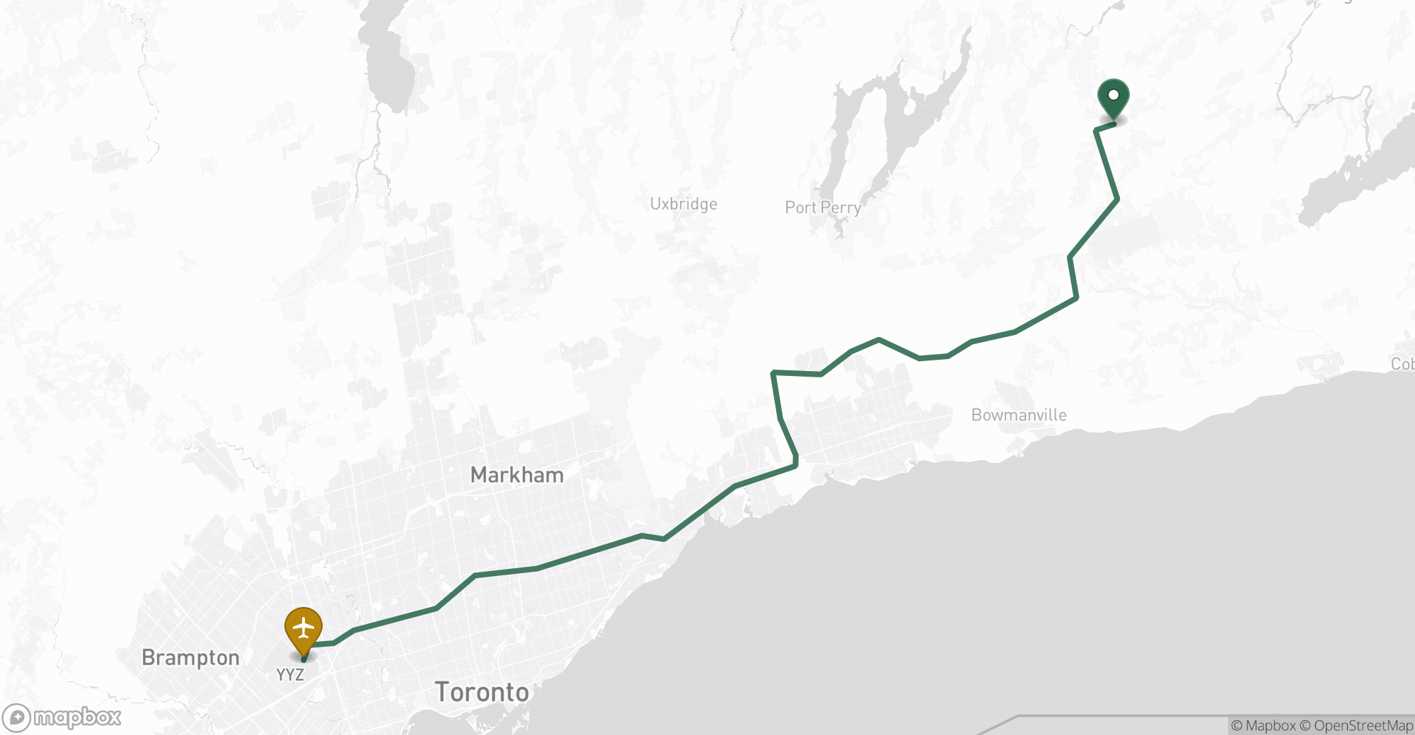 Driving route map from Bethany to Toronto Pearson (YYZ) airport