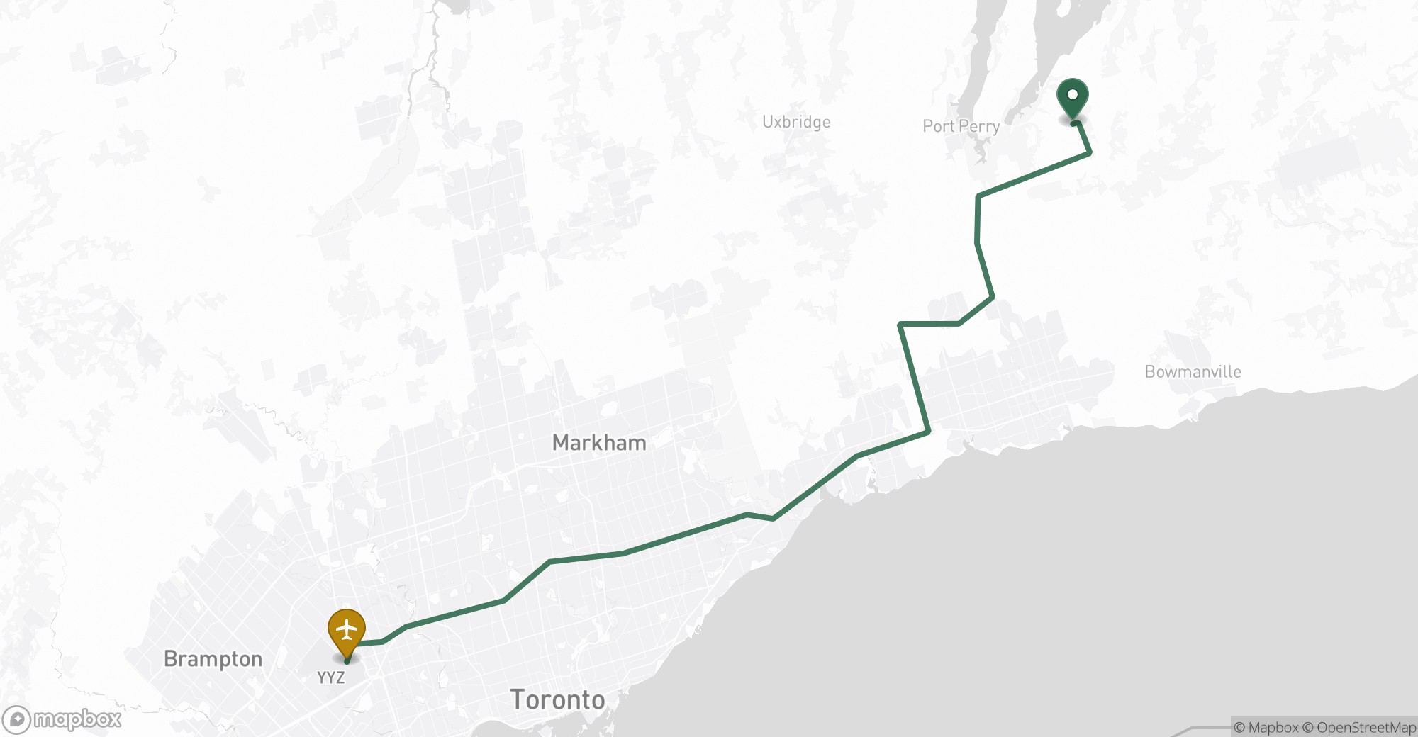 Driving route map from Blackstock to Toronto Pearson (YYZ) airport