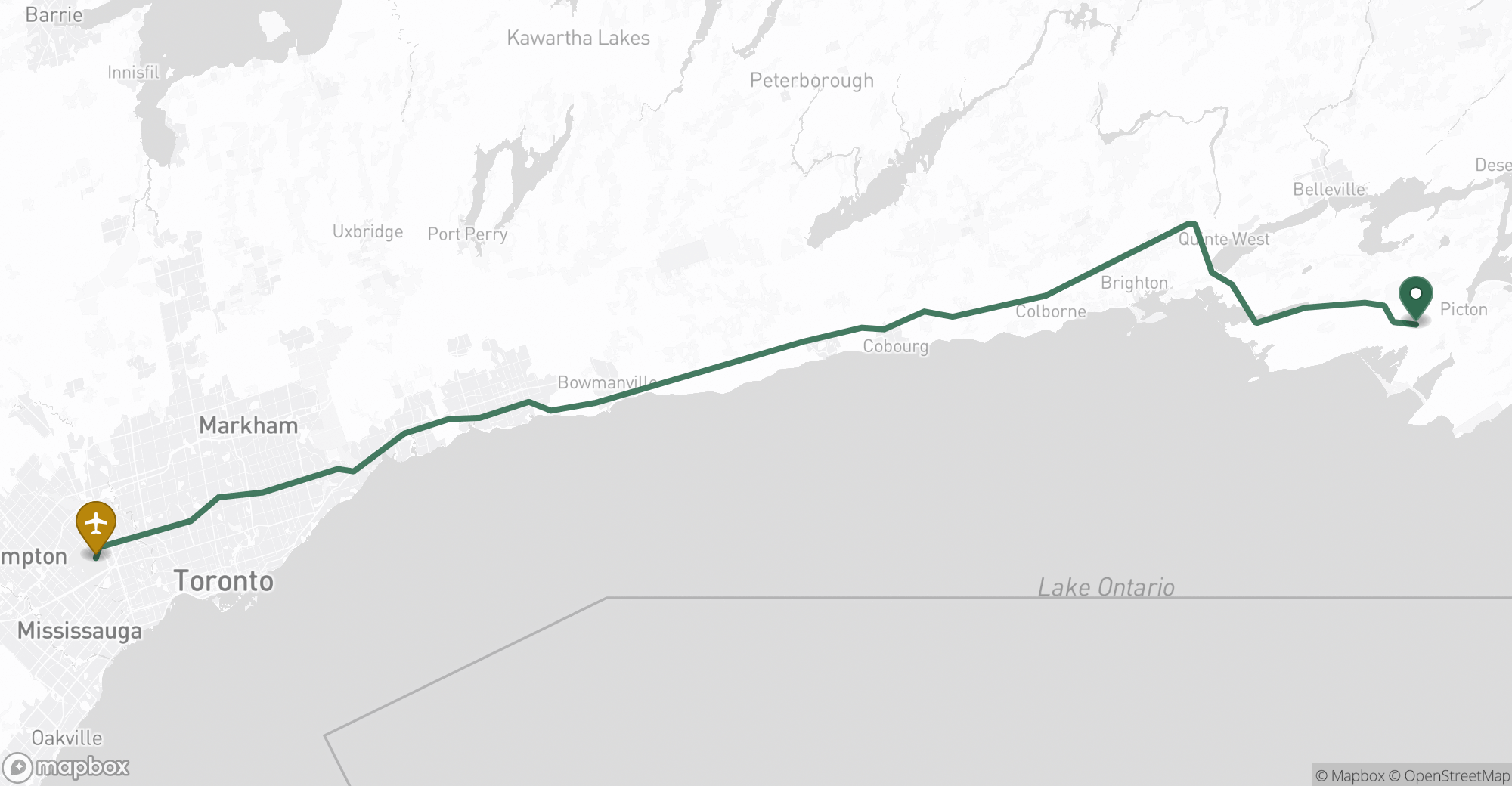 Driving route map from Bloomfield to Toronto Pearson (YYZ) airport
