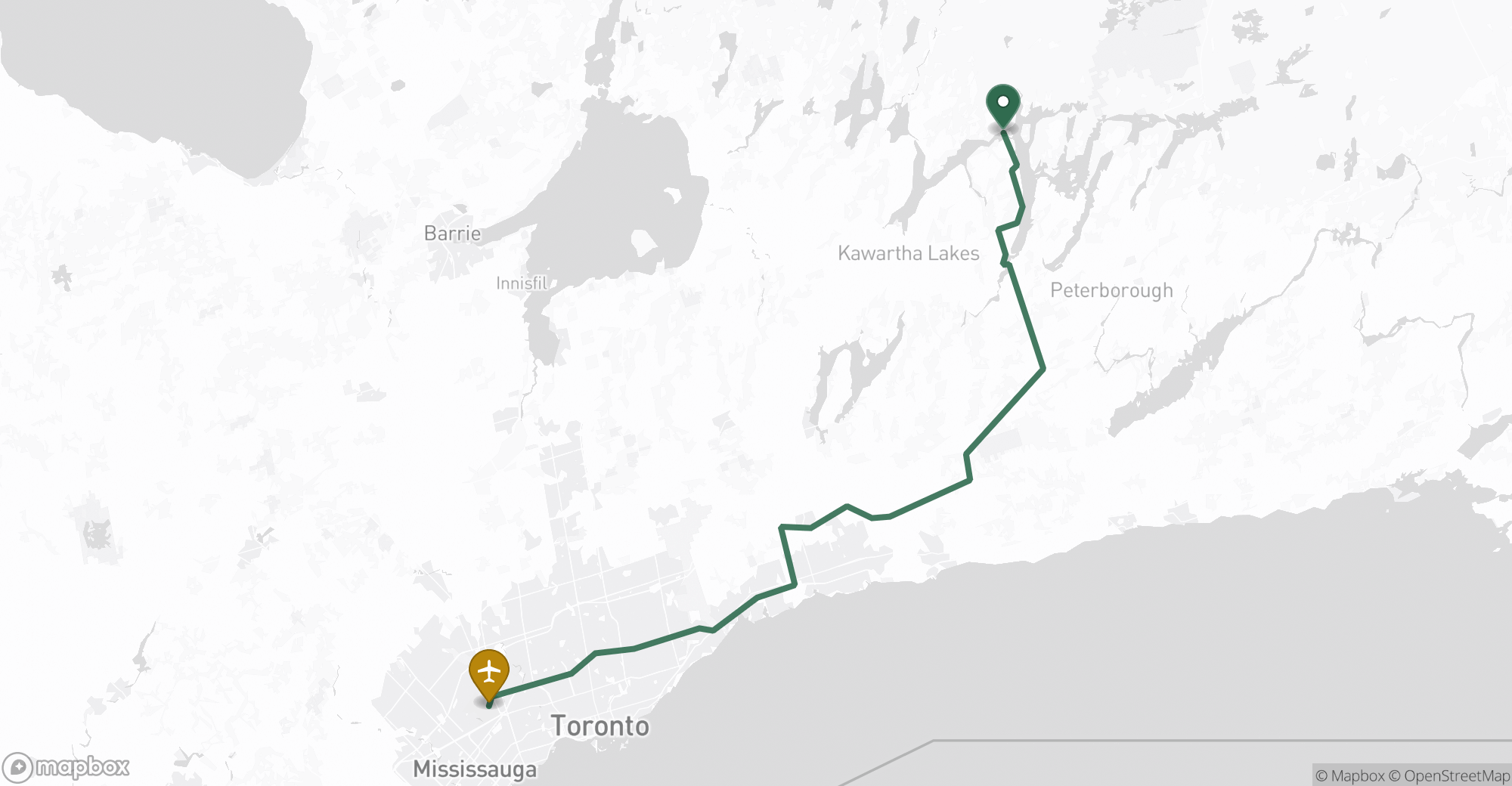 Driving route map from Bobcaygeon to Toronto Pearson (YYZ) airport
