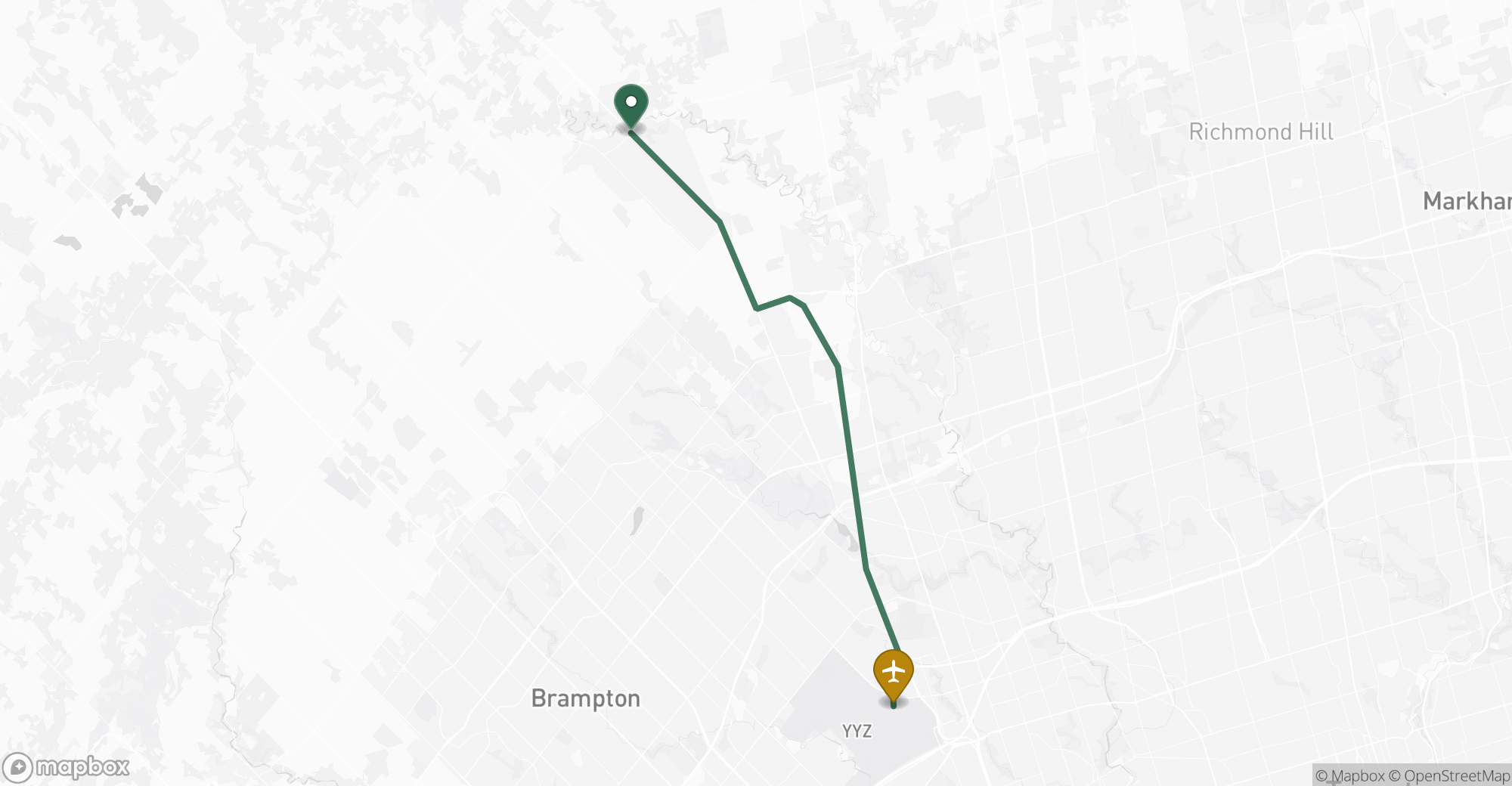 Driving route map from Bolton to Toronto Pearson (YYZ) airport
