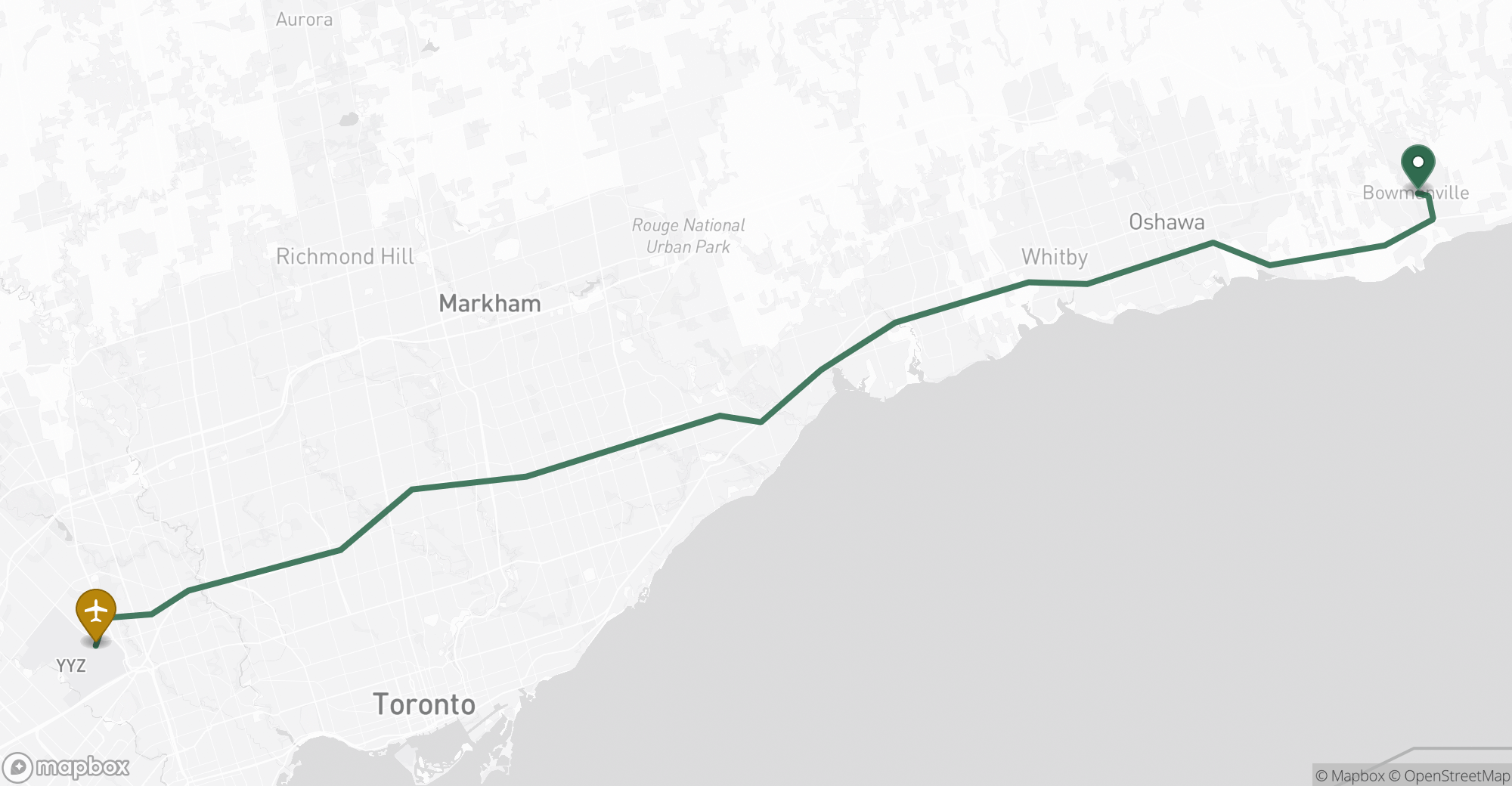 Driving route map from Bowmanville to Toronto Pearson (YYZ) airport