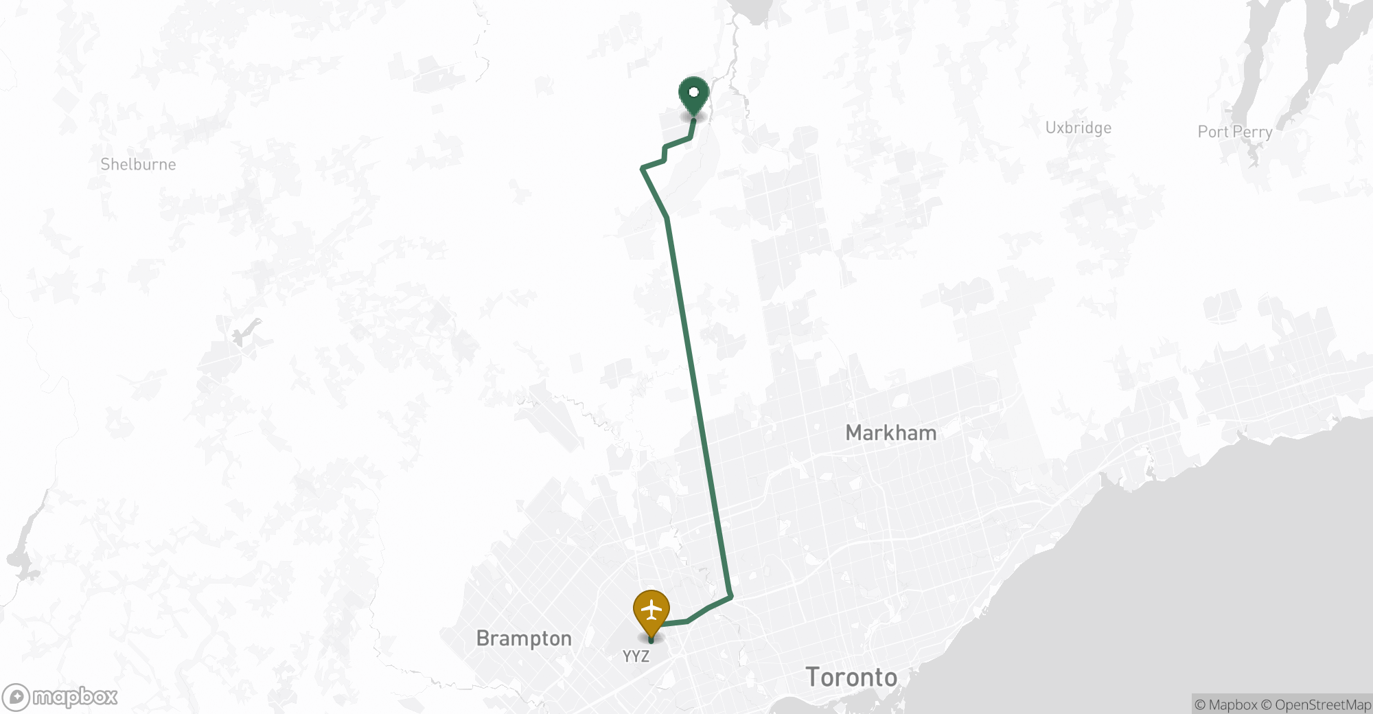 Driving route map from Bradford to Toronto Pearson (YYZ) airport