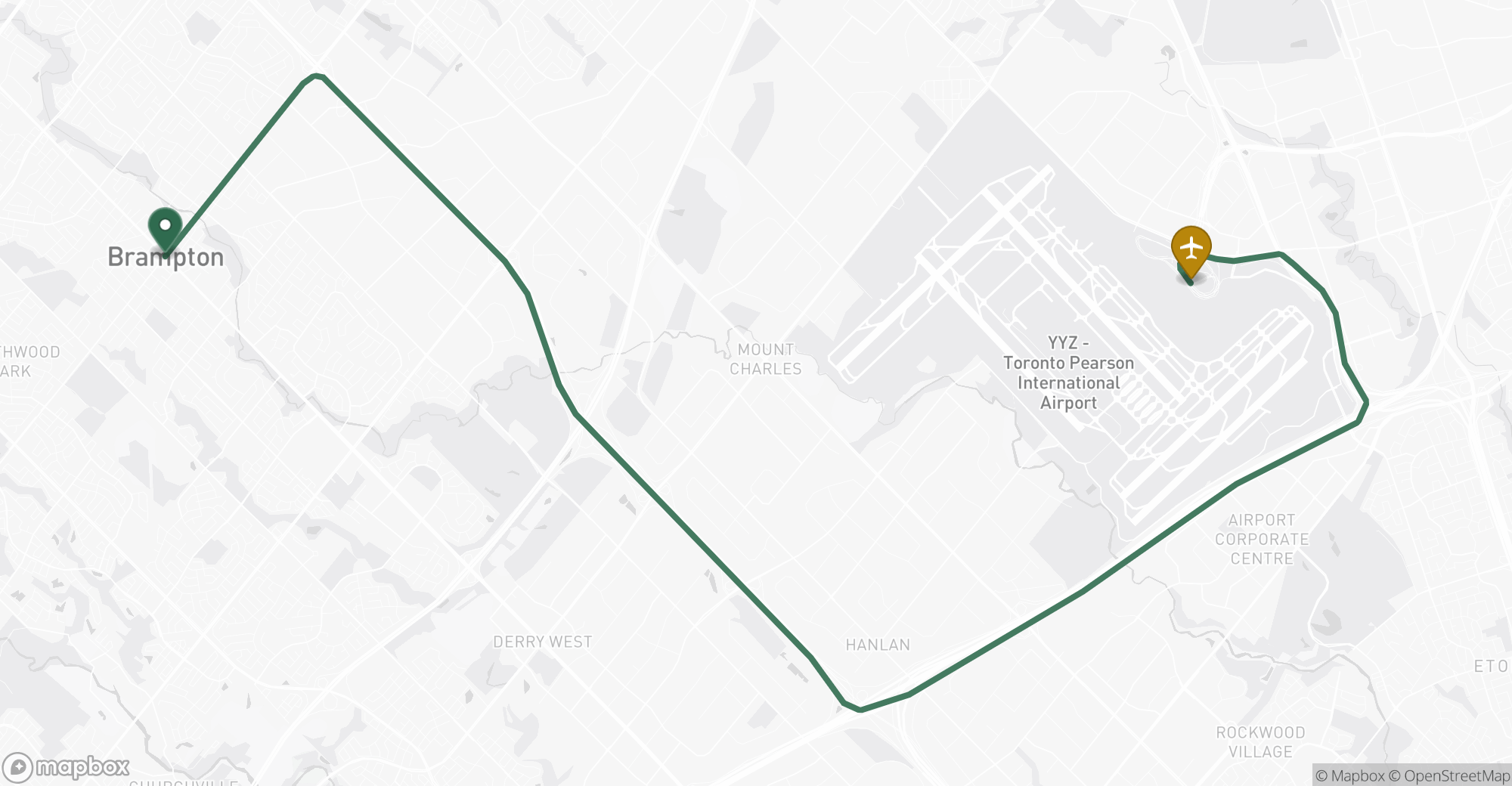 Driving route map from Brampton to Toronto Pearson (YYZ) airport