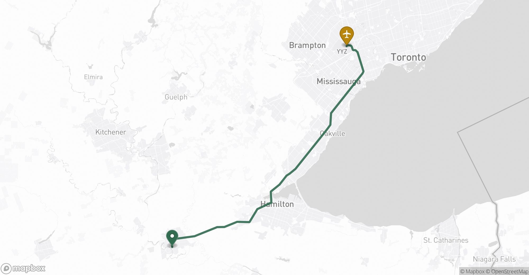 Driving route map from Brantford to Toronto Pearson (YYZ) airport