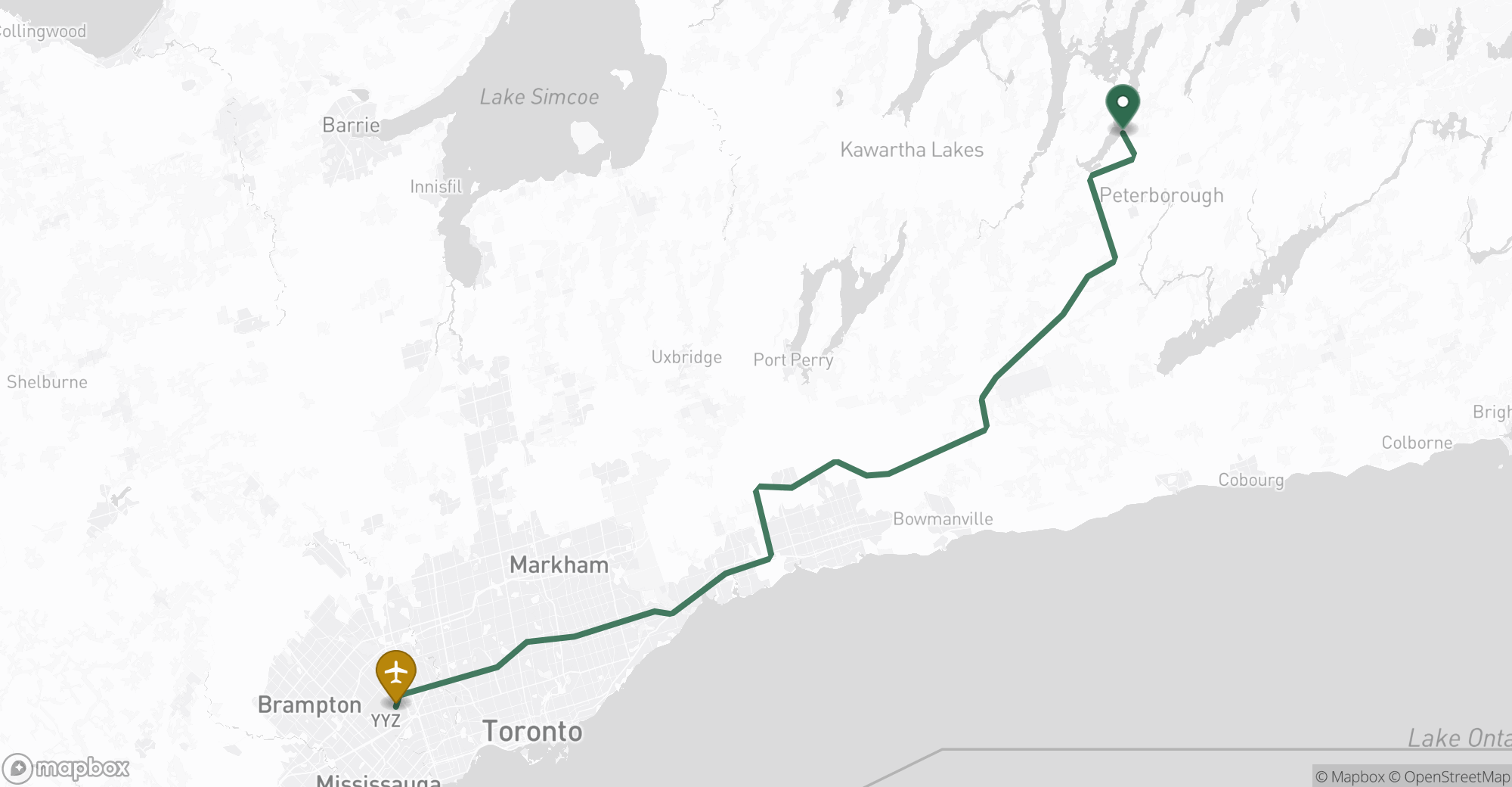 Driving route map from Bridgenorth to Toronto Pearson (YYZ) airport