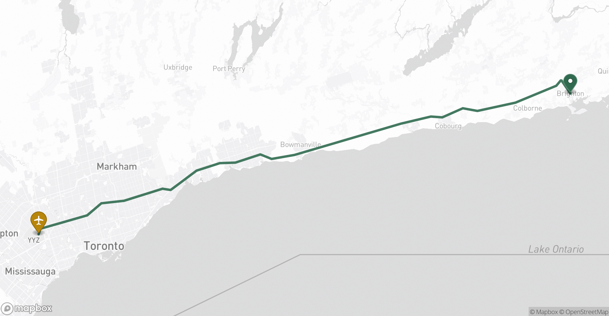 Driving route map from Brighton to Toronto Pearson (YYZ) airport