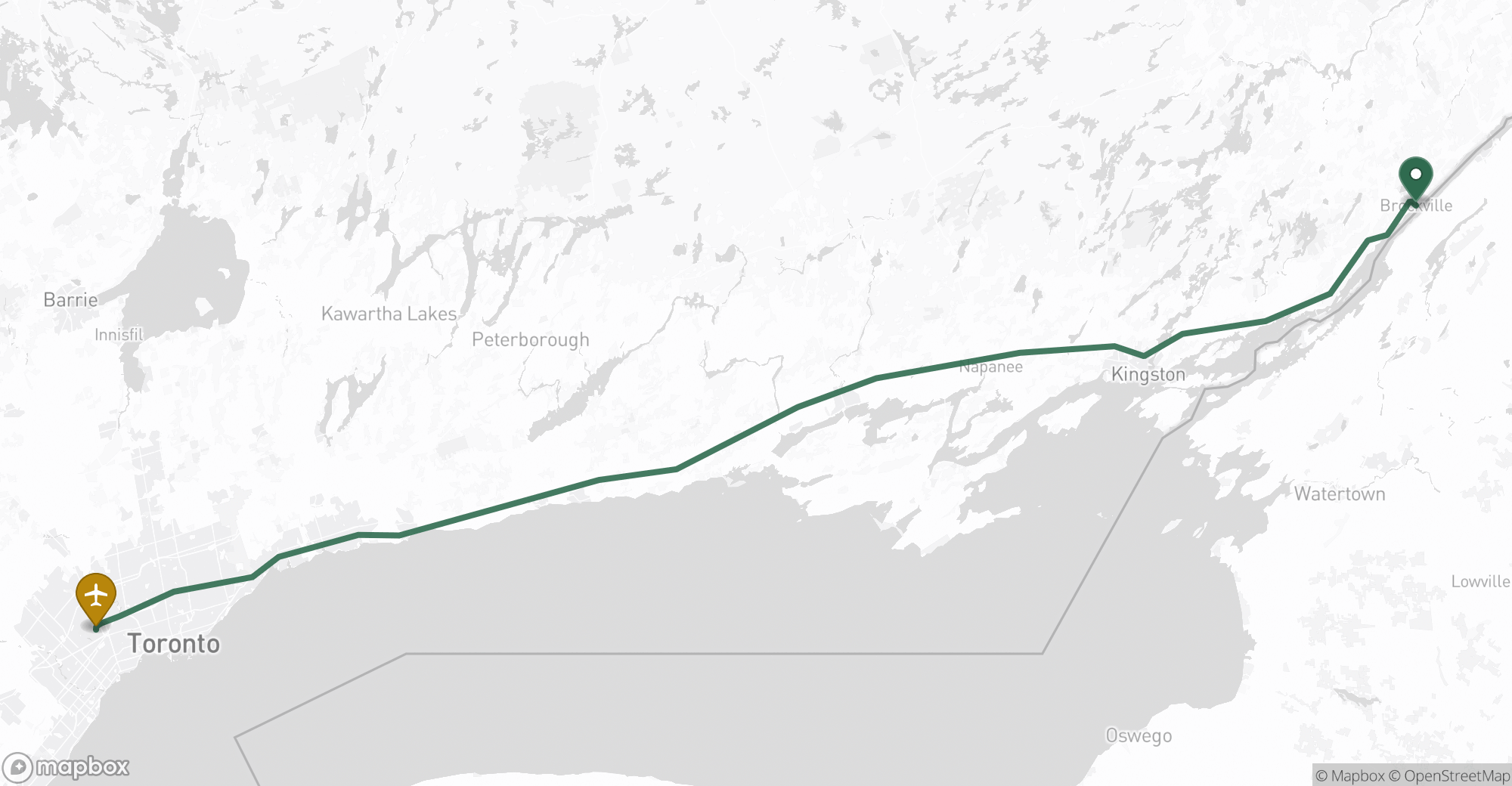 Driving route map from Brockville to Toronto Pearson (YYZ) airport