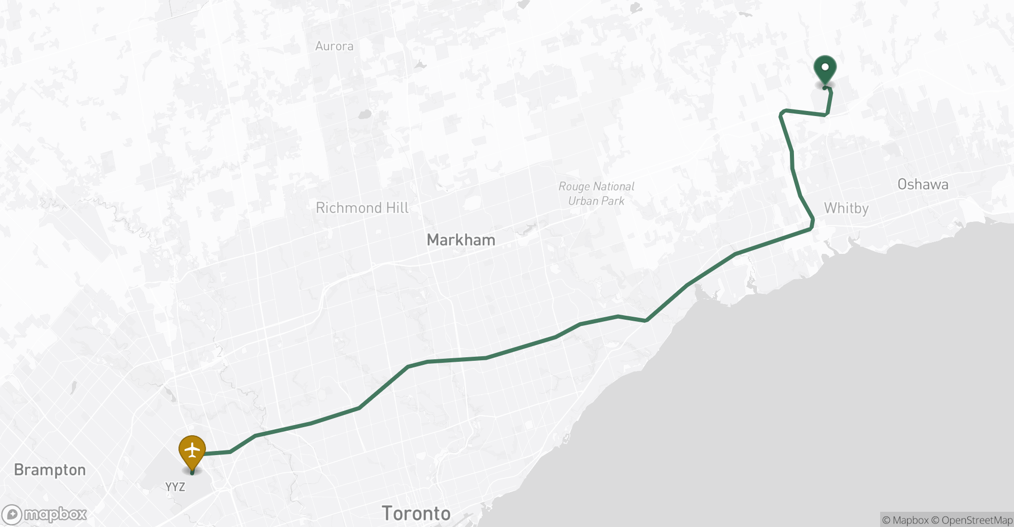 Driving route map from Brooklin to Toronto Pearson (YYZ) airport
