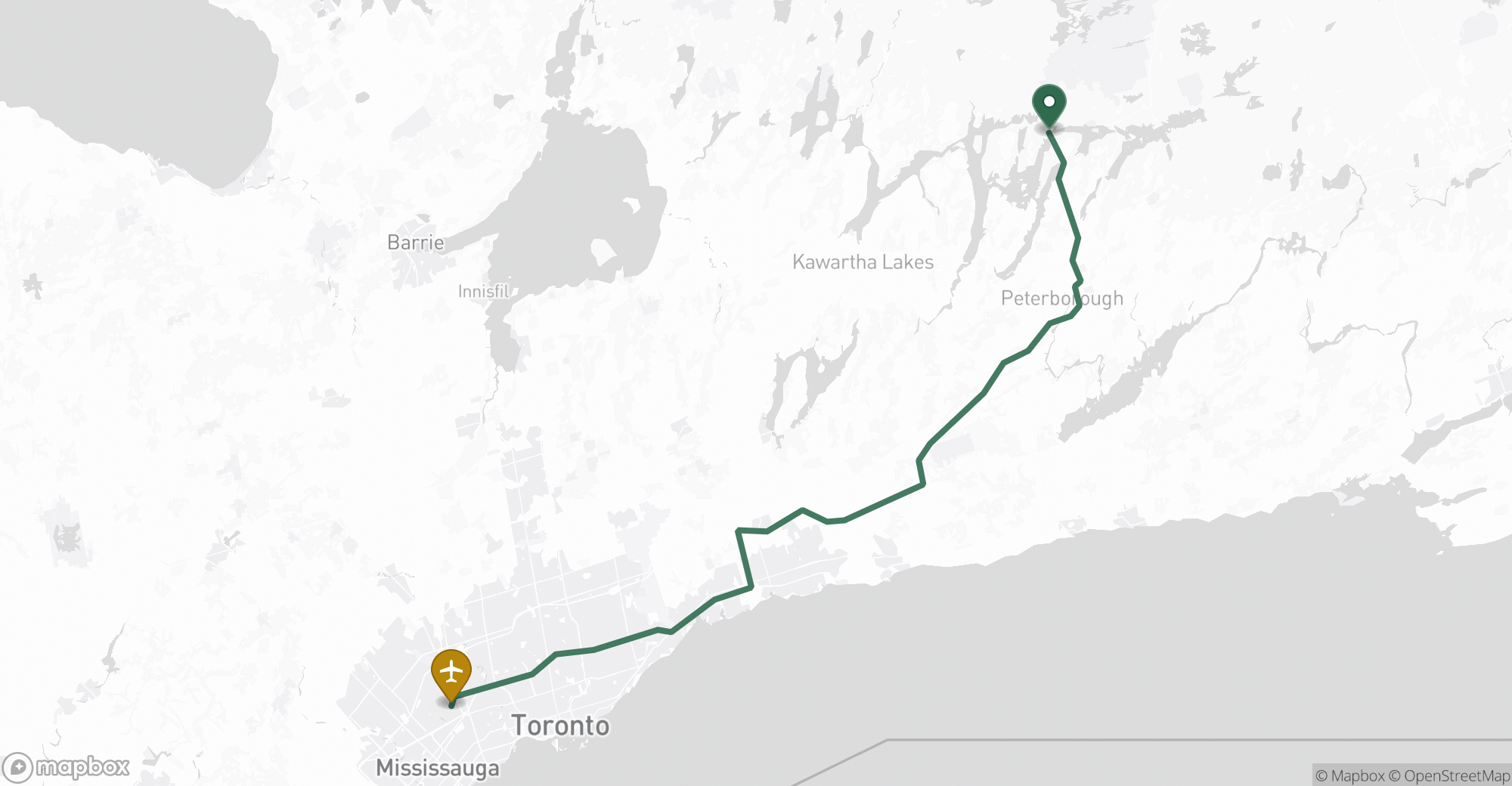 Driving route map from Buckhorn to Toronto Pearson (YYZ) airport