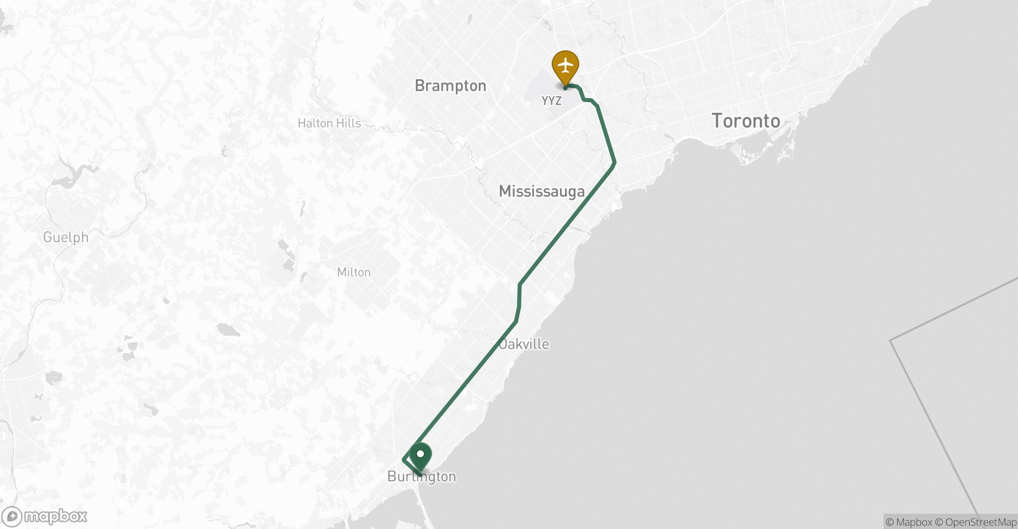 Driving route map from Burlington to Toronto Pearson (YYZ) airport