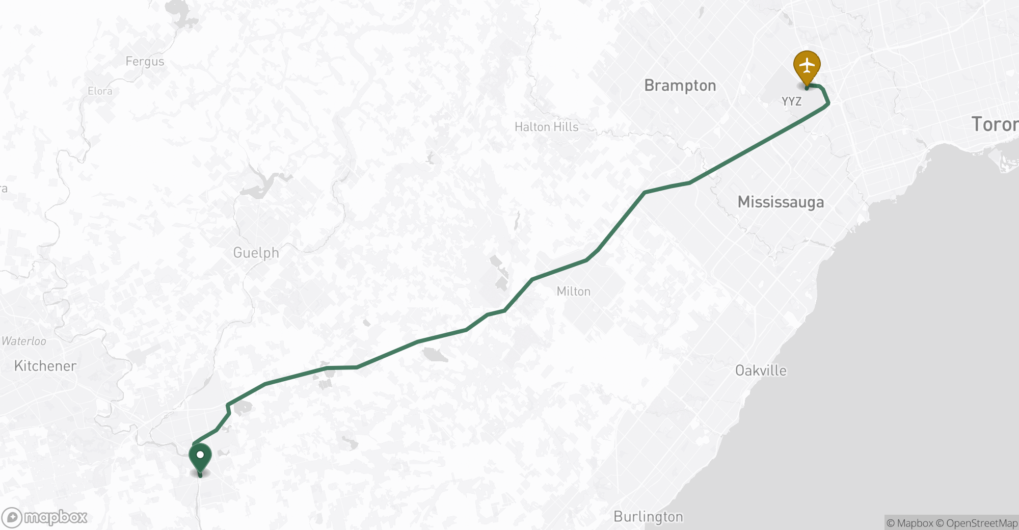 Driving route map from Cambridge to Toronto Pearson (YYZ) airport