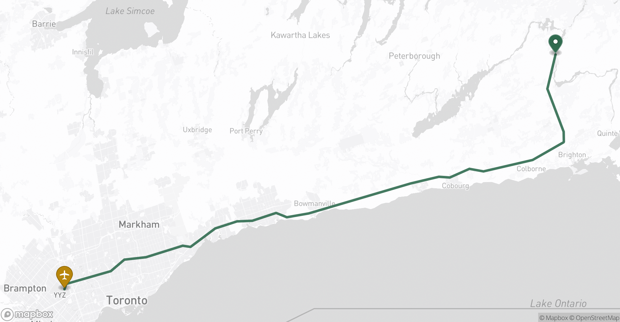 Driving route map from Campbellford to Toronto Pearson (YYZ) airport